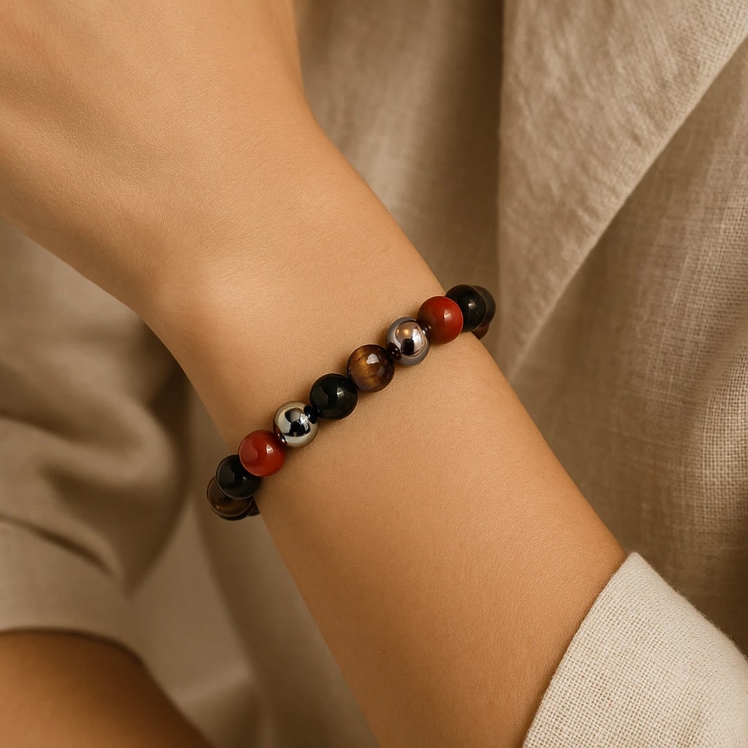 "Anchoring & Protection" Bracelet in Tourmaline, Red Jasper, Hematite, & Tiger's Eye