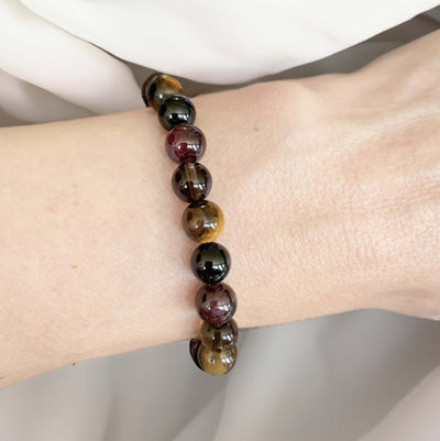 “Success & Protection” Bracelet in Tiger’s Eye, Garnet, Tourmaline & Smoky Quartz
