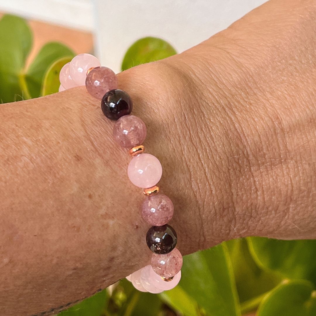 "Infinite Love" Bracelet in Rose Quartz, Garnet & Strawberry Quartz
