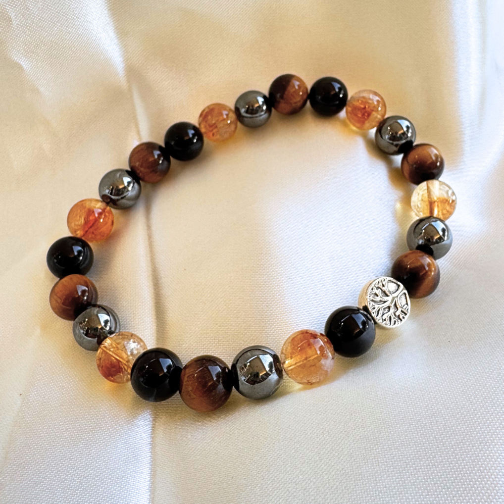 “Strength & Light” Bracelet in Tiger’s Eye, Citrine, Hematite & Obsidian