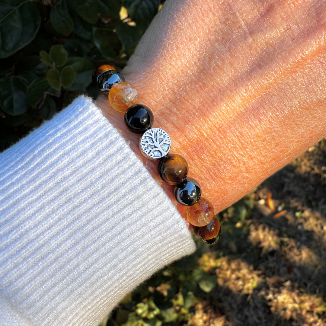 “Strength & Light” Bracelet in Tiger’s Eye, Citrine, Hematite & Obsidian