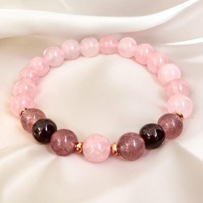 "Infinite Love" Bracelet in Rose Quartz, Garnet & Strawberry Quartz