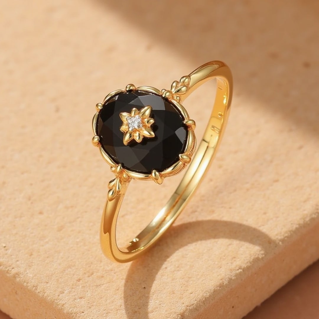 Adjustable Ring "Night Charm" in Black Agate