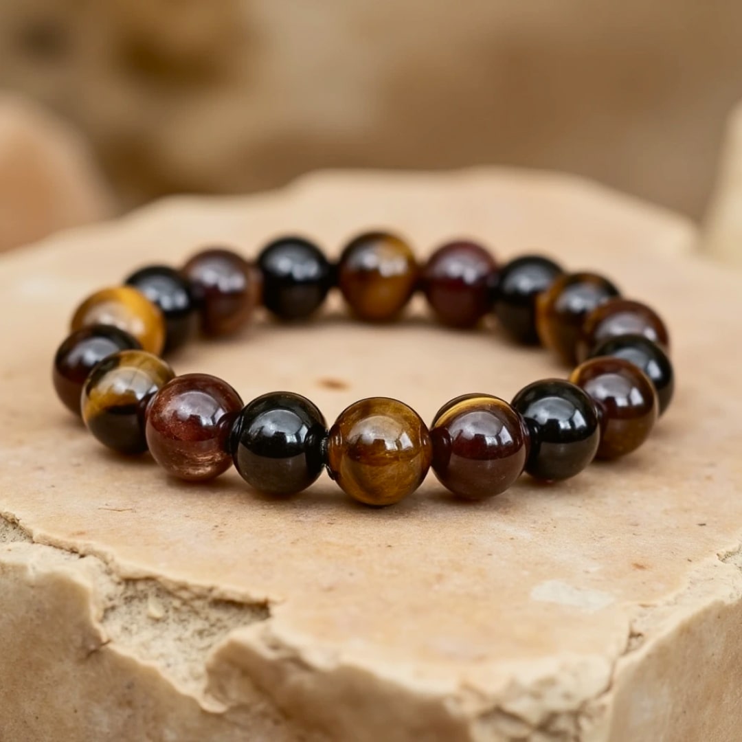 “Success & Protection” Bracelet in Tiger’s Eye, Garnet, Tourmaline & Smoky Quartz