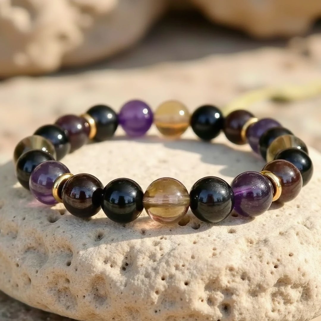 “Harmony & Protection” Bracelet in Smoky Quartz, Amethyst & Garnet