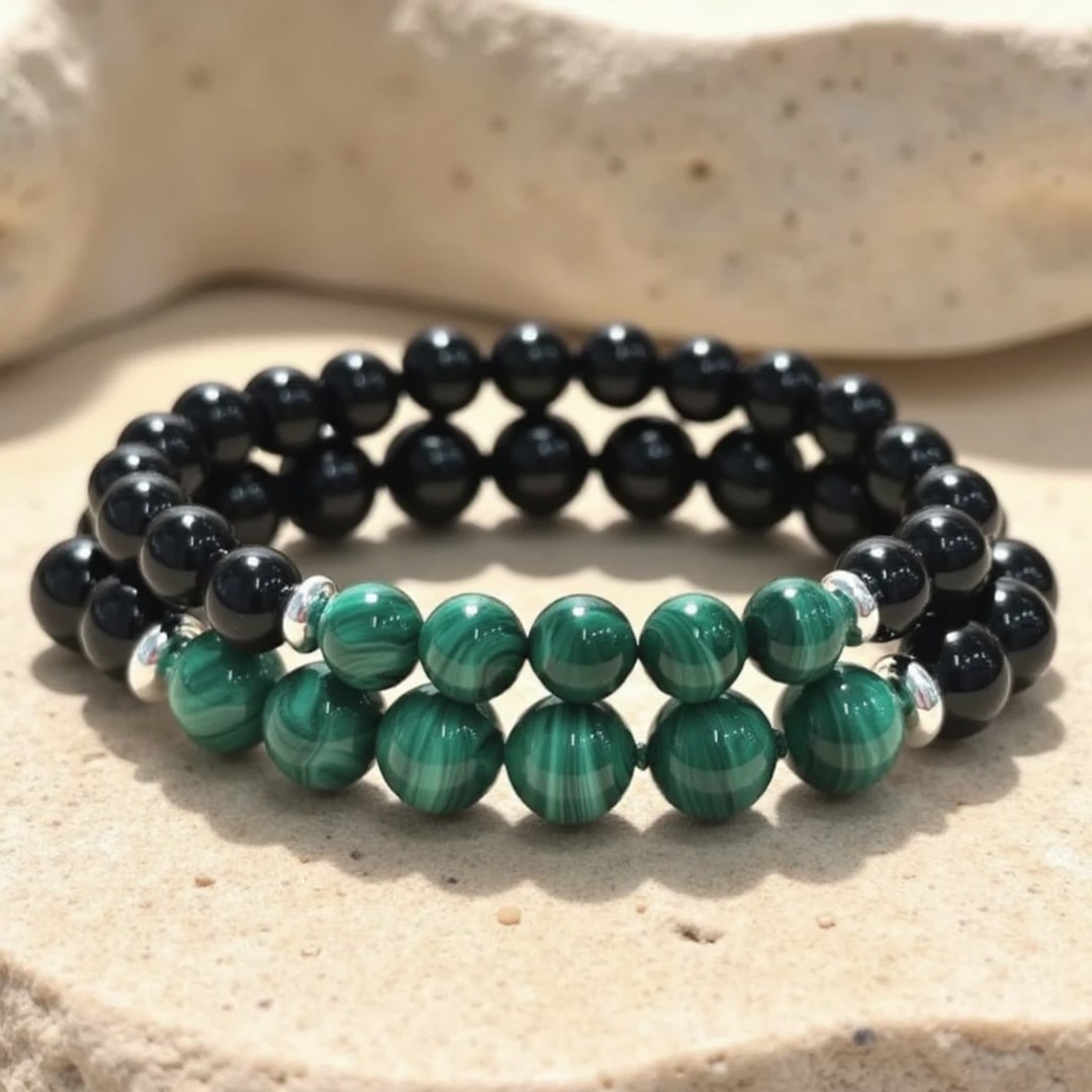 “Energy Balance” Bracelet in Malachite & Black Tourmaline
