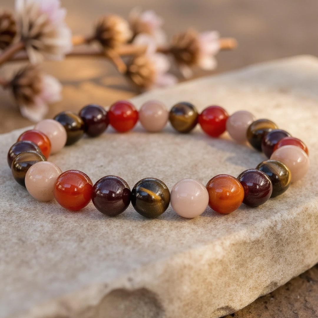 "Luck & Joy" Bracelet in Tiger Eye, Sunstone, Carnelian & Garnet