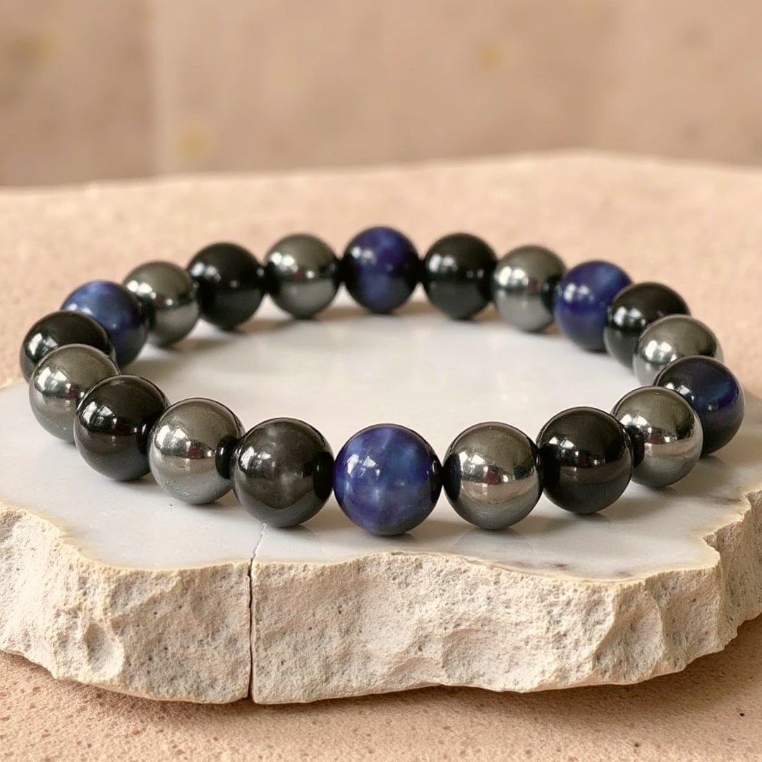 “Inner Guidance” Bracelet in Hematite, Black Tourmaline & Blue Tiger’s Eye