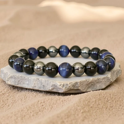 “Inner Guidance” Bracelet in Hematite, Black Tourmaline & Blue Tiger’s Eye