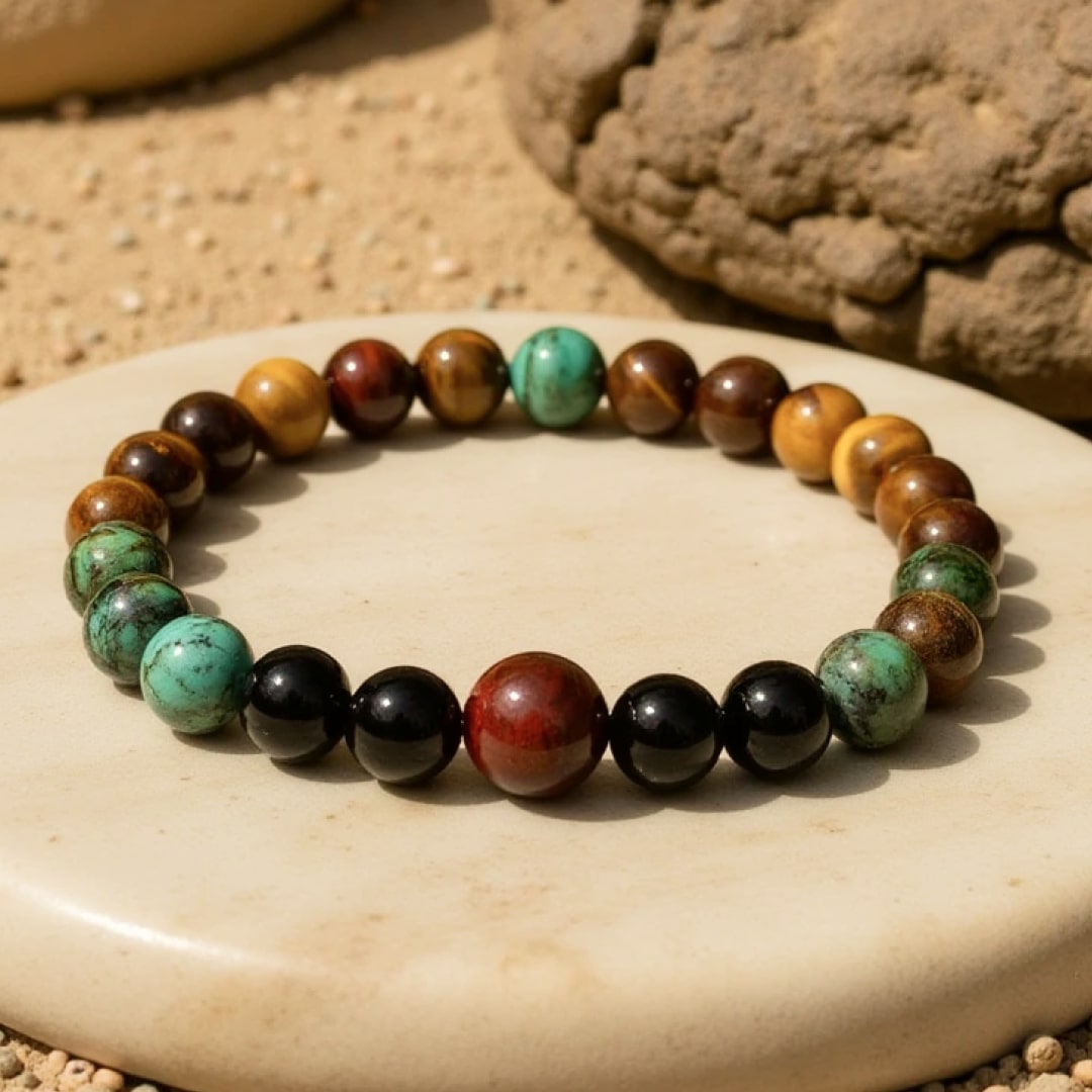 “Protective Energies” Bracelet in Tiger’s Eye, Bull’s Eye & African Turquoise