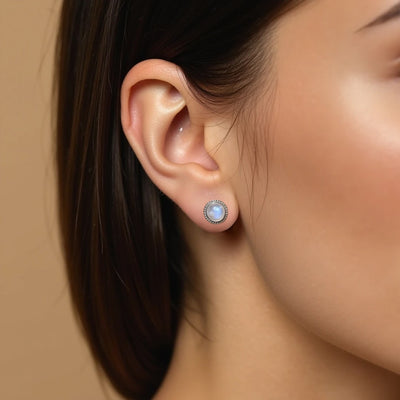 White Labradorite Button Earrings in Silver