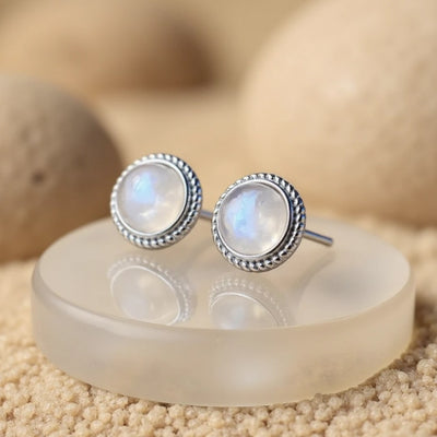 White Labradorite Button Earrings in Silver