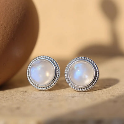 White Labradorite Button Earrings in Silver