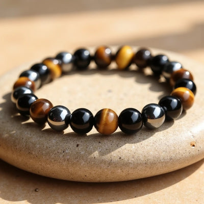 "3 Protections" Bracelet in Tiger's Eye, Hematite & Black Obsidian