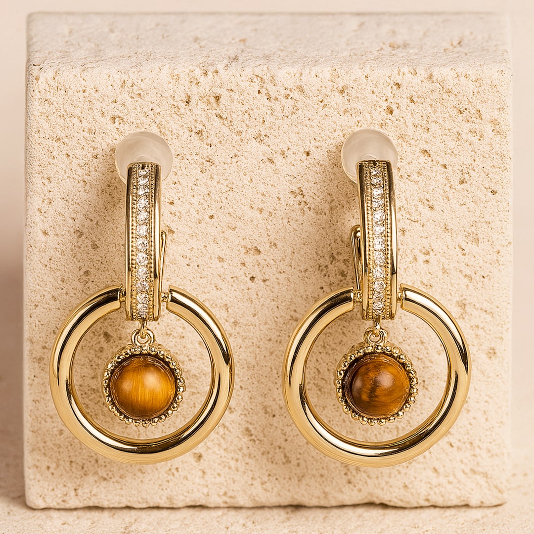 "Feline Glow" Earrings in Tiger’s Eye & Gold Plating