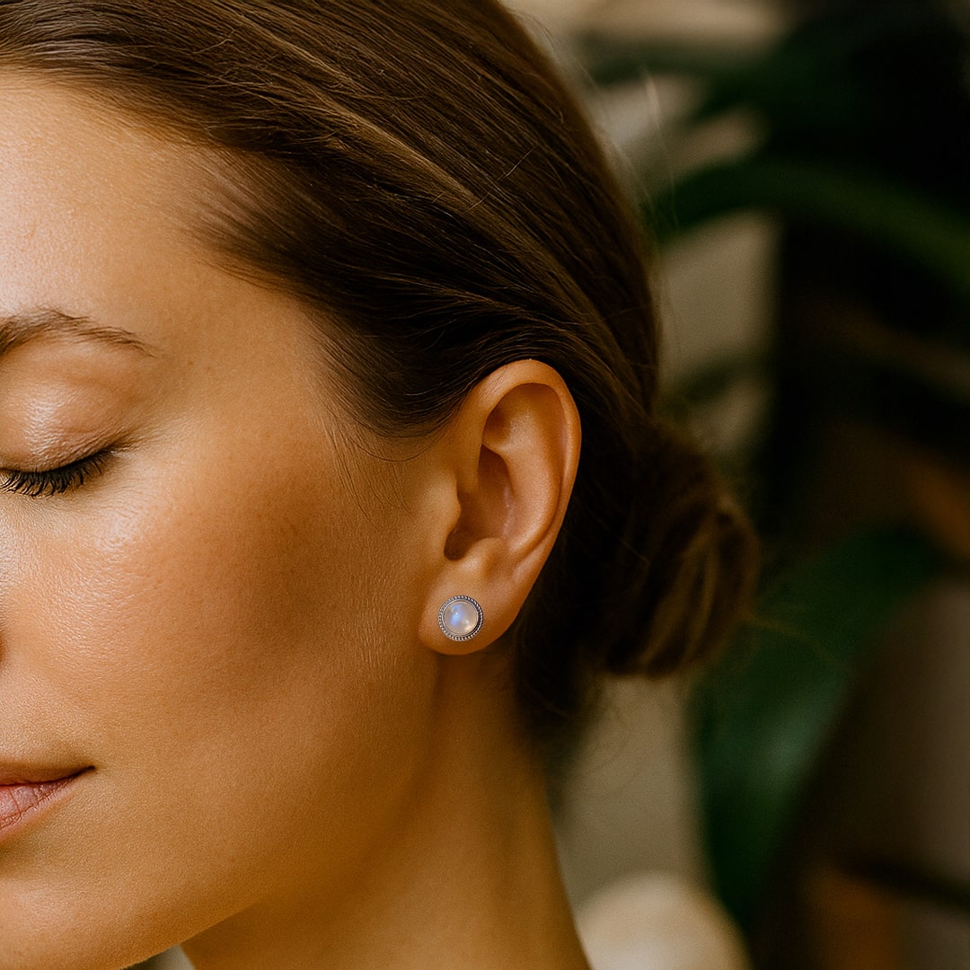 White Labradorite Button Earrings in Silver