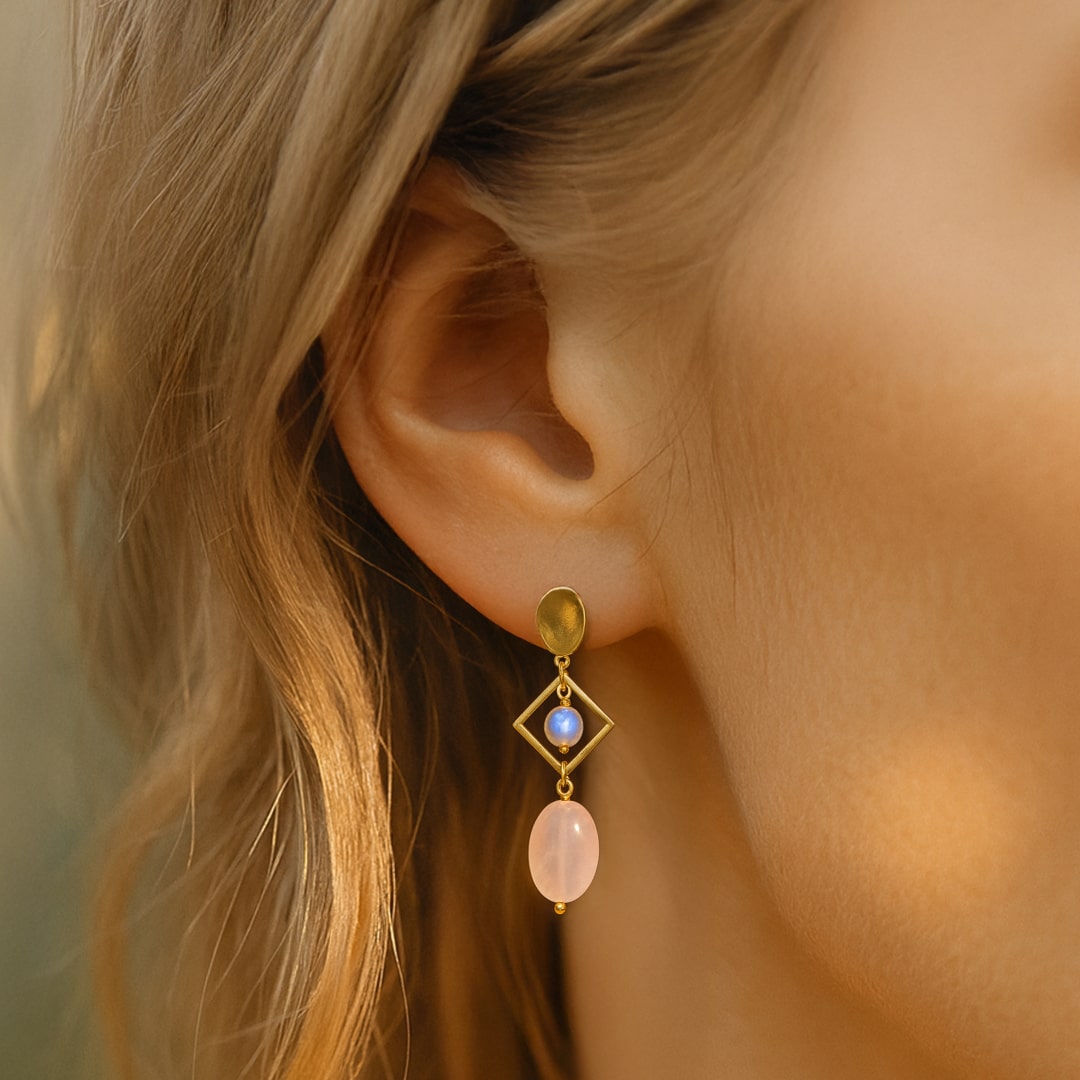 "Emotion & Elegance" Earrings in Rose Quartz & Moonstone