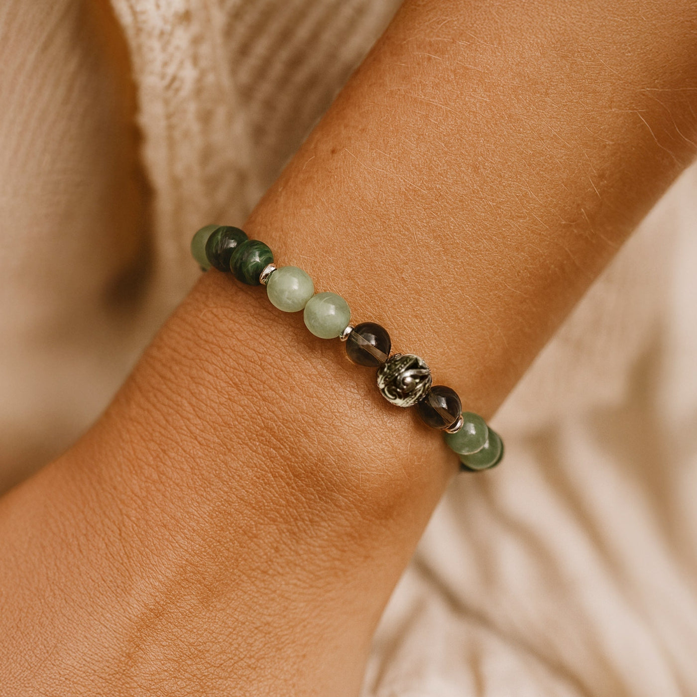 “Luck & Protection” Bracelet in Aventurine, Malachite & Smoky Quartz
