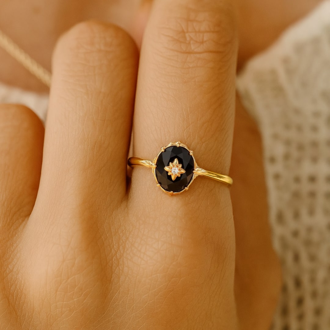 Adjustable Ring "Night Charm" in Black Agate