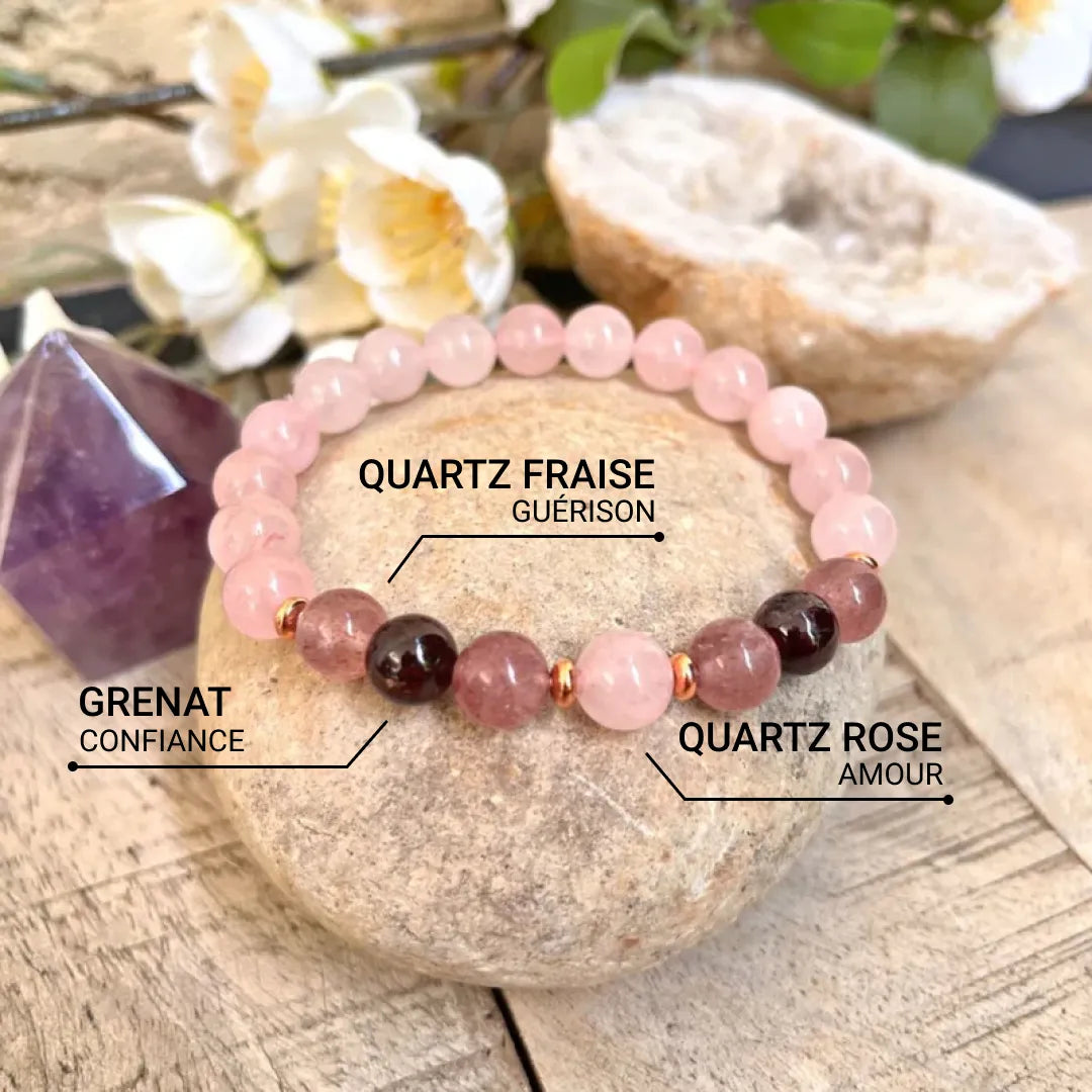 "Infinite Love" Bracelet in Rose Quartz, Garnet & Strawberry Quartz