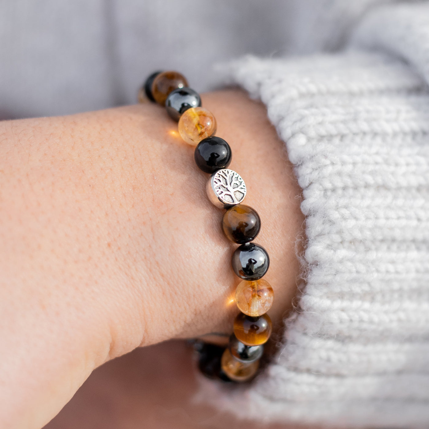 “Strength & Light” Bracelet in Tiger’s Eye, Citrine, Hematite & Obsidian