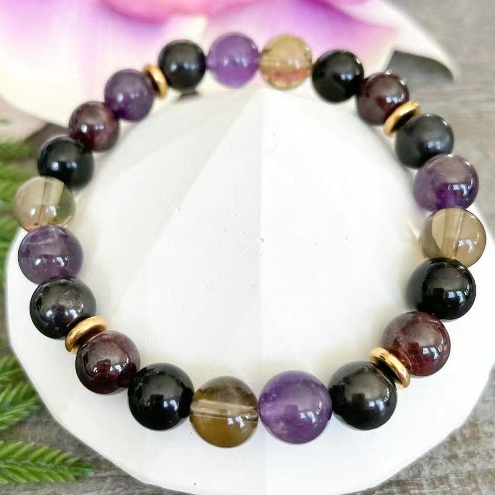 “Harmony & Protection” Bracelet in Smoky Quartz, Amethyst & Garnet