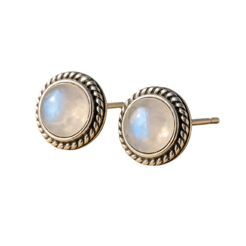 White Labradorite Button Earrings in Silver