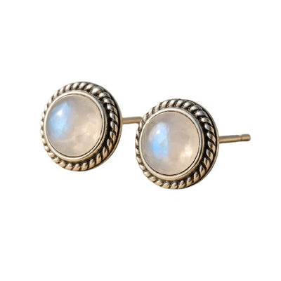 White Labradorite Button Earrings in Silver