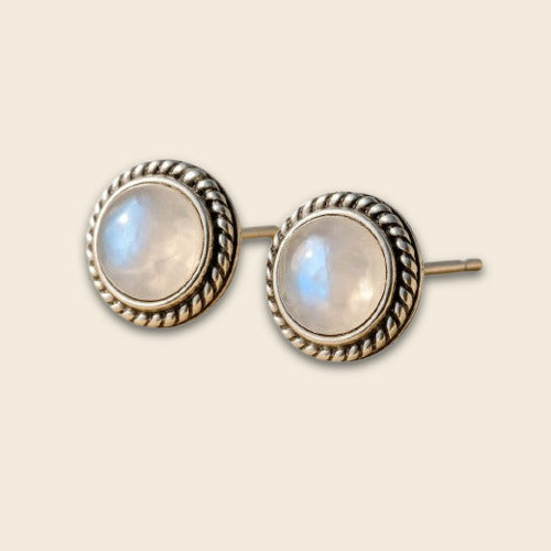 White Labradorite Button Earrings in Silver